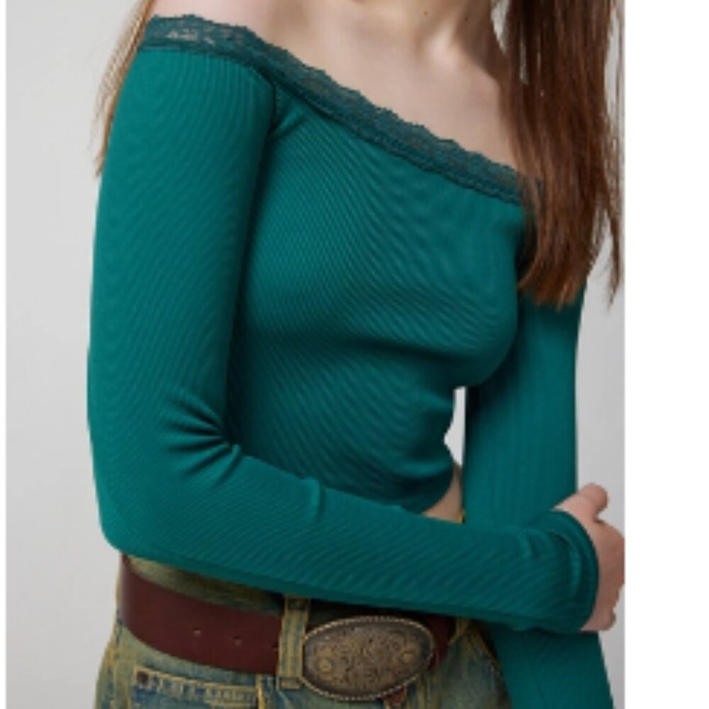 Urban Outfitters Out From Under Melani Seamless Lace-Trim Top teal green XS/S